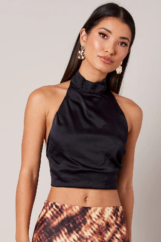 Black High Neck Top Sleeveless Tie Back Satin