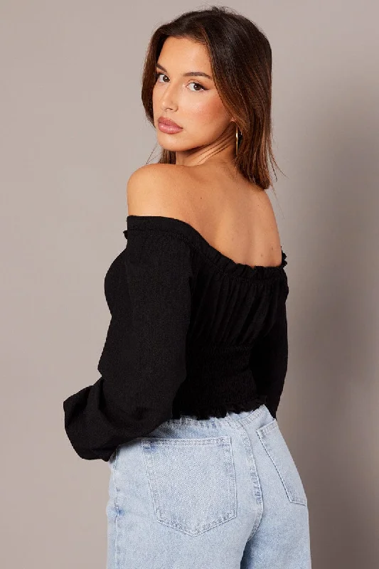 Black Ruched Crop Top Long Sleeve