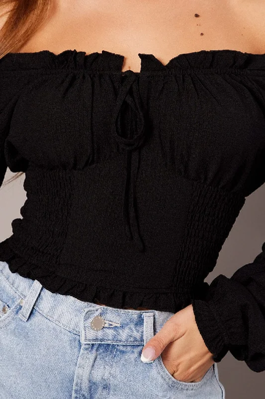 Black Ruched Crop Top Long Sleeve