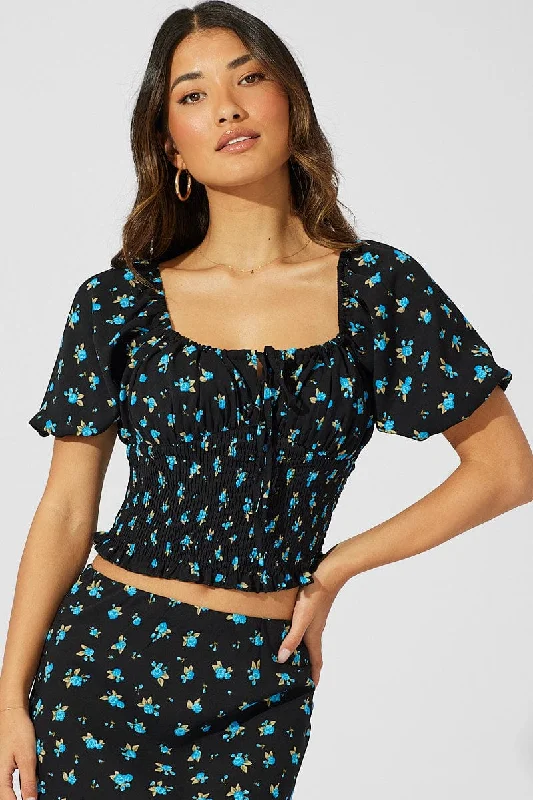 Blue Floral Crop Top Short Sleeve Floral