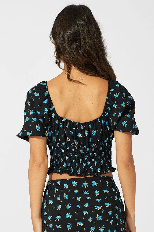 Blue Floral Crop Top Short Sleeve Floral