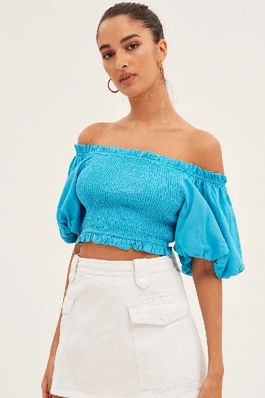 Blue Shirred Top Volume Short Sleeve Crop Linen Blend