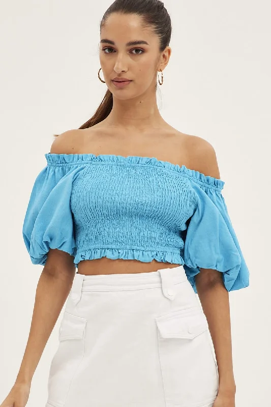 Blue Shirred Top Volume Short Sleeve Crop Linen Blend