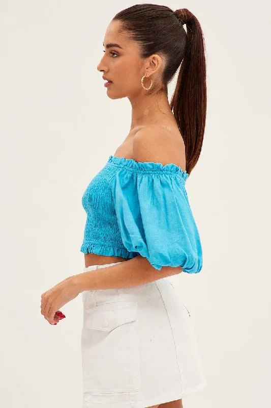 Blue Shirred Top Volume Short Sleeve Crop Linen Blend