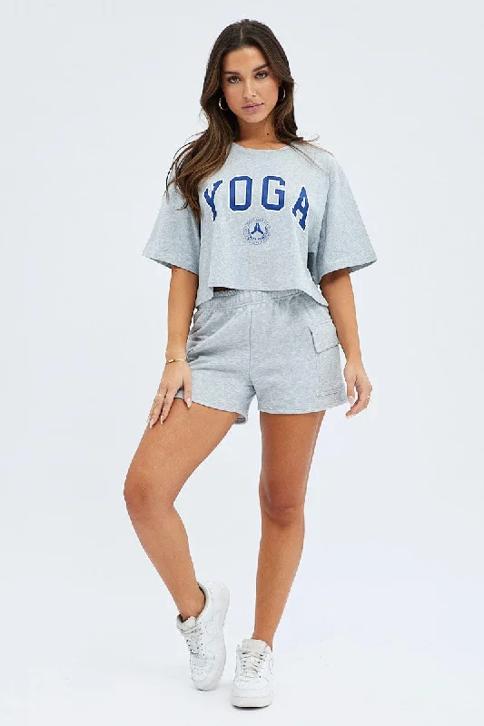 Grey Yoga Slogan Graphic Crop Oversized Tee T-shirt