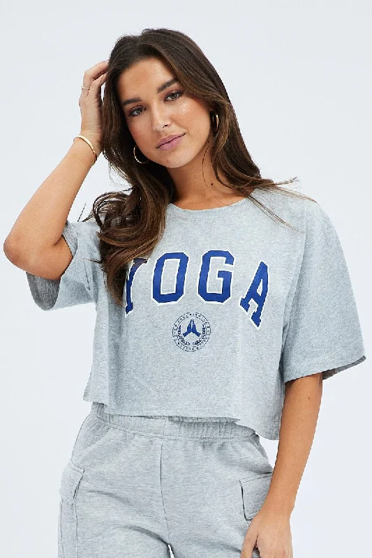 Grey Yoga Slogan Graphic Crop Oversized Tee T-shirt