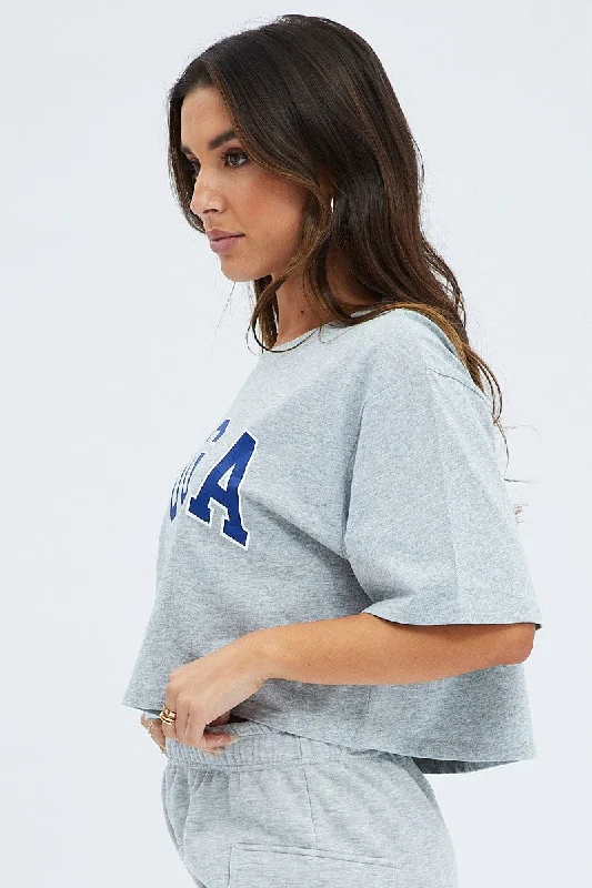 Grey Yoga Slogan Graphic Crop Oversized Tee T-shirt