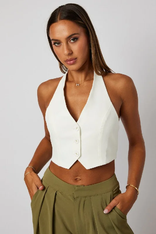 White Vest Top Halter Neck Button Top