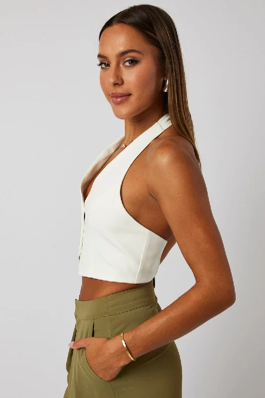 White Vest Top Halter Neck Button Top