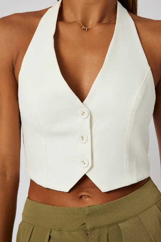 White Vest Top Halter Neck Button Top