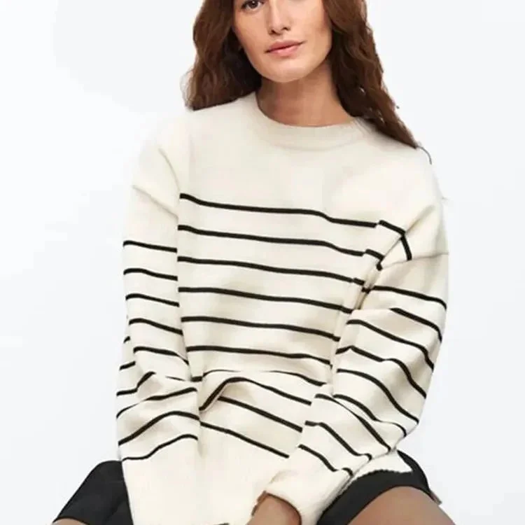 Beige Stripe Baggy Sweater Women Pullover Streetwear Long Sleeve Knitted Tops Fe