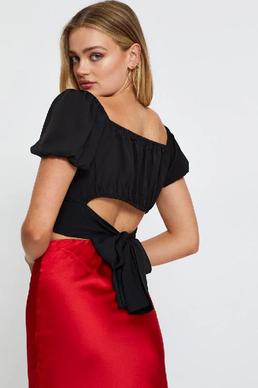 Black Crop Top Short Sleeve Tie Up