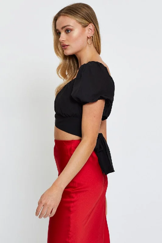 Black Crop Top Short Sleeve Tie Up