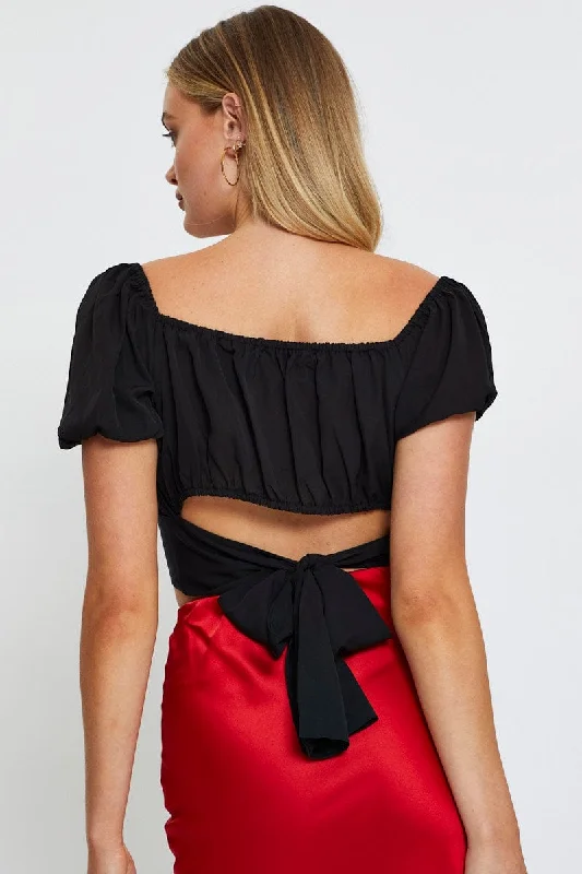 Black Crop Top Short Sleeve Tie Up