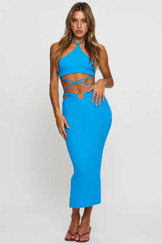 Blue Crop Top Sleeveless Halter