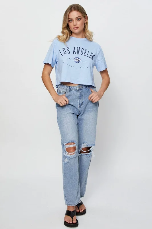 Blue Graphic T Shirt Short Sleeve Crop