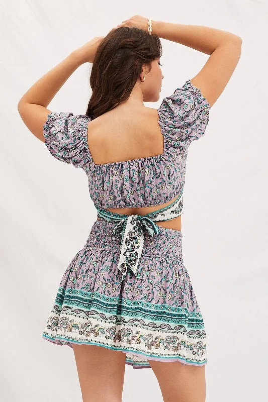 Boho Print Round Neck Puff Sleeve Crop Top