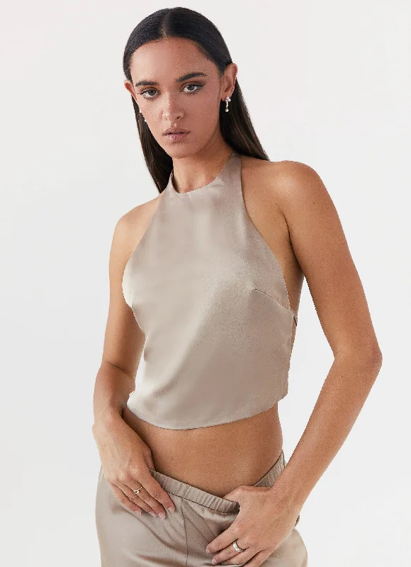 Bree Satin Halterneck Top - Mushroom