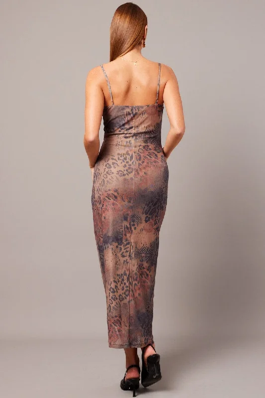 Brown Abstract Bodycon Maxi Dress Singlet