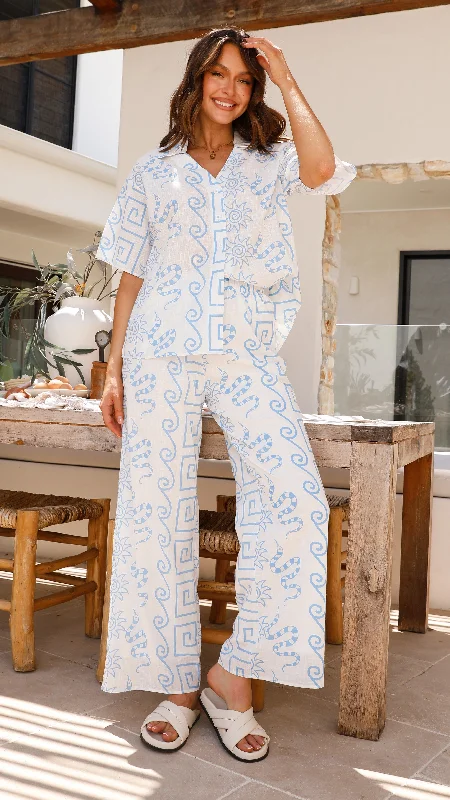 Cleo Button Up Shirt and Pants Set - White/Blue