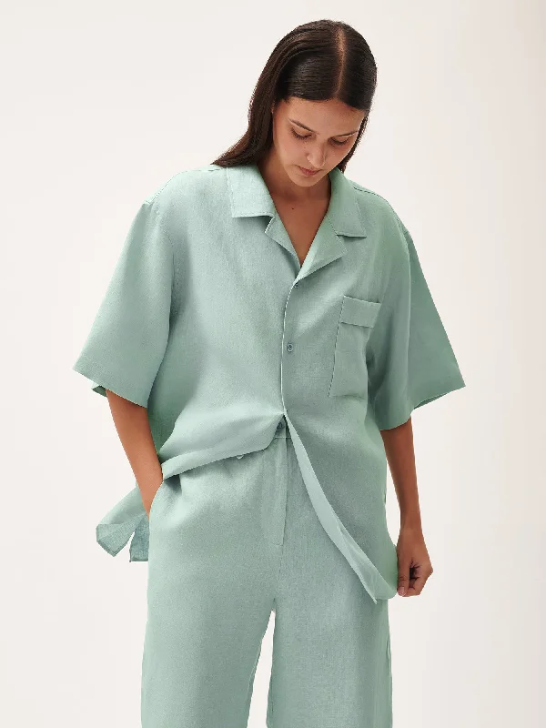 DNA Aloe Linen Camp Collar Shirt—eucalyptus blue