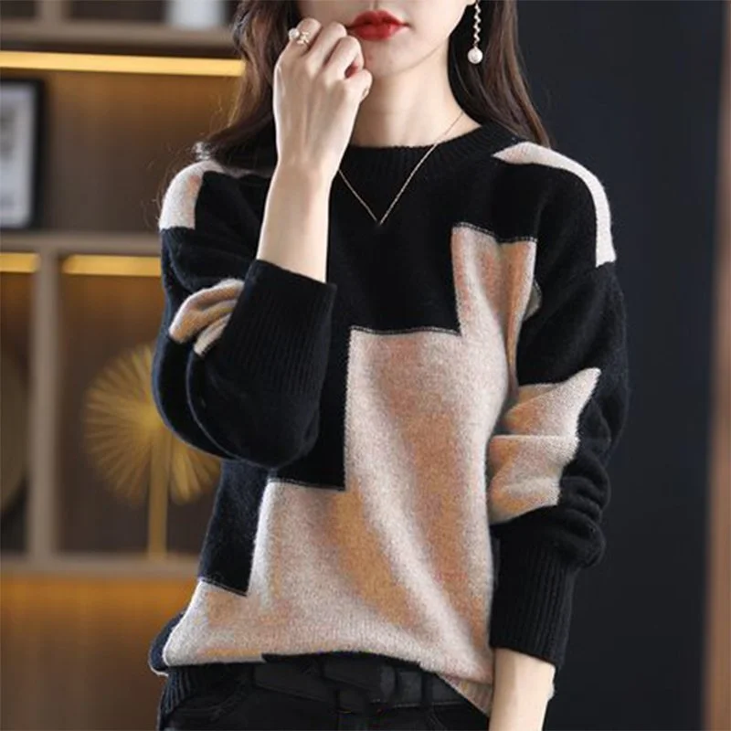 Geometric Long Sleeve Shift Cotton-Blend Sweater