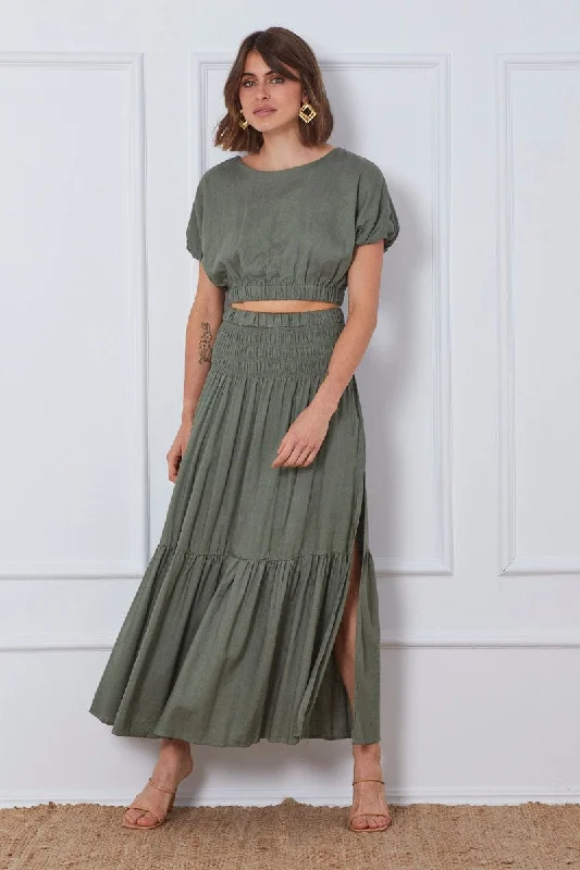 Green Crop Top Short Sleeve Round Neck Linen