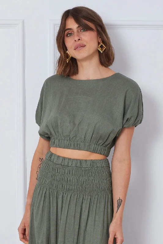 Green Crop Top Short Sleeve Round Neck Linen