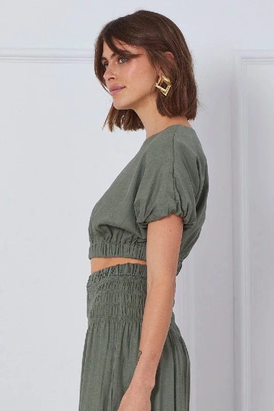 Green Crop Top Short Sleeve Round Neck Linen