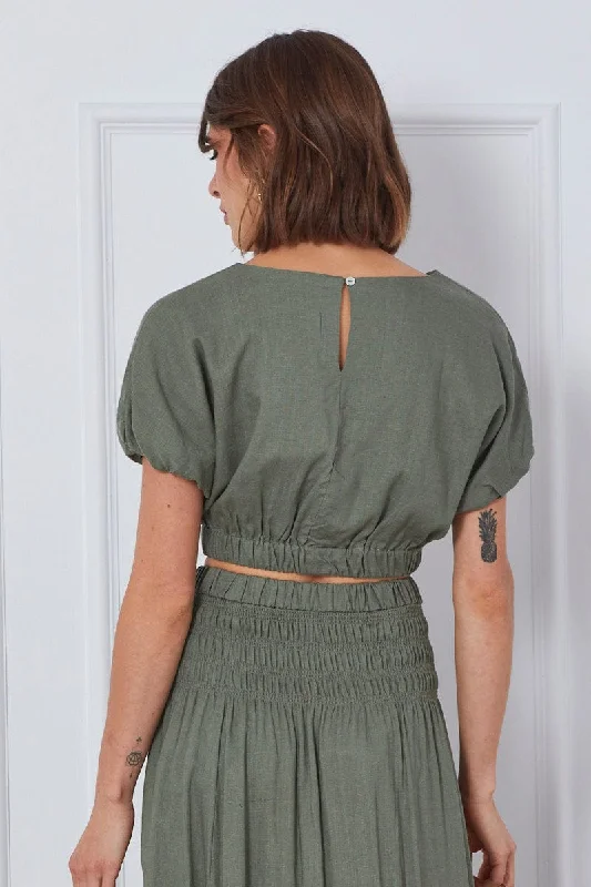 Green Crop Top Short Sleeve Round Neck Linen