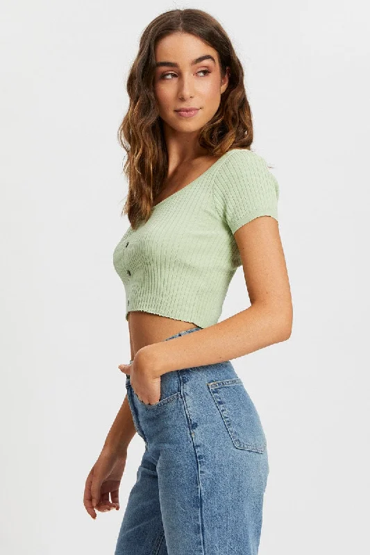 Green Short Sleeve Rib Knit Scoop Neck Button Detail Cro