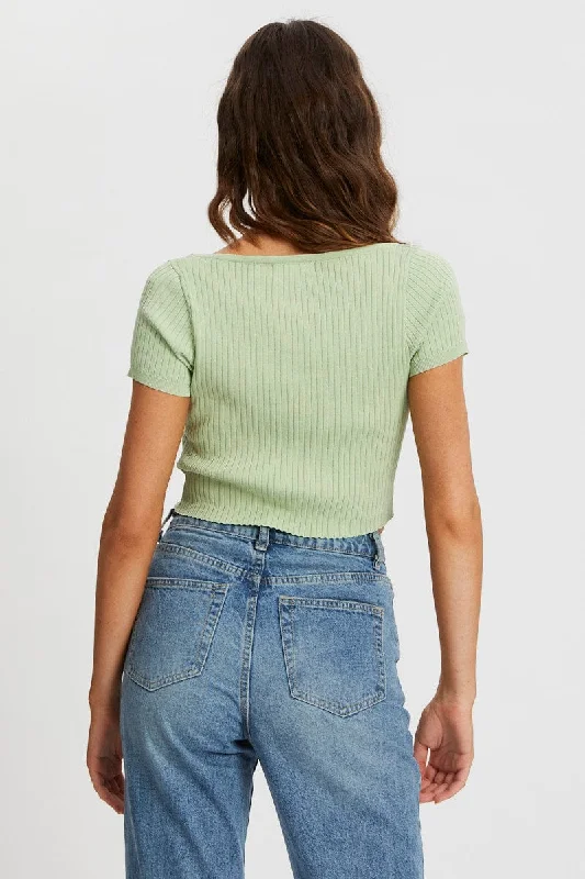 Green Short Sleeve Rib Knit Scoop Neck Button Detail Cro