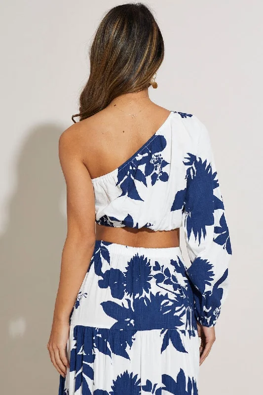 Print Crop Top One Shoulder Long Sleeve