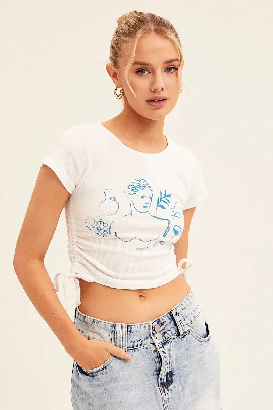 White Crop Top Short Sleeve Crew Neck Ruched Rib