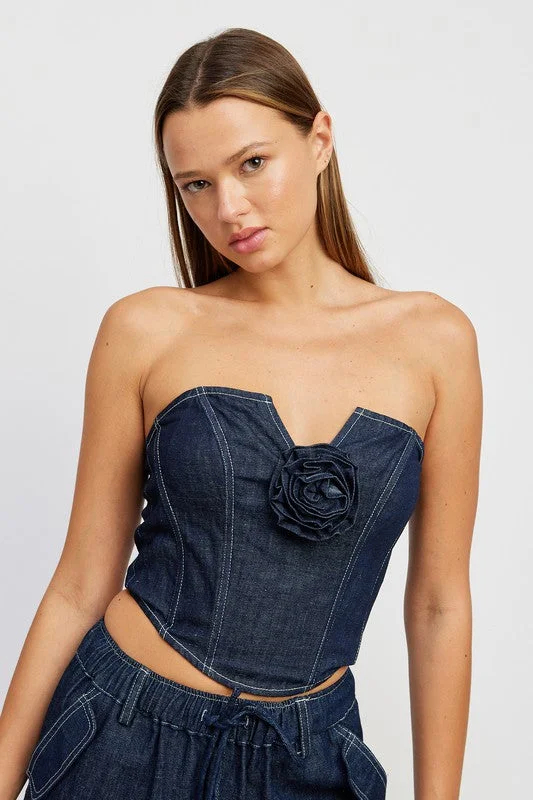 Denim Corset Tube Top With  Rosette Detail