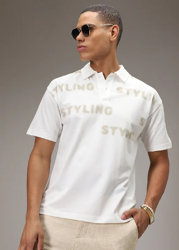 Faded Print White Polo T-shirt