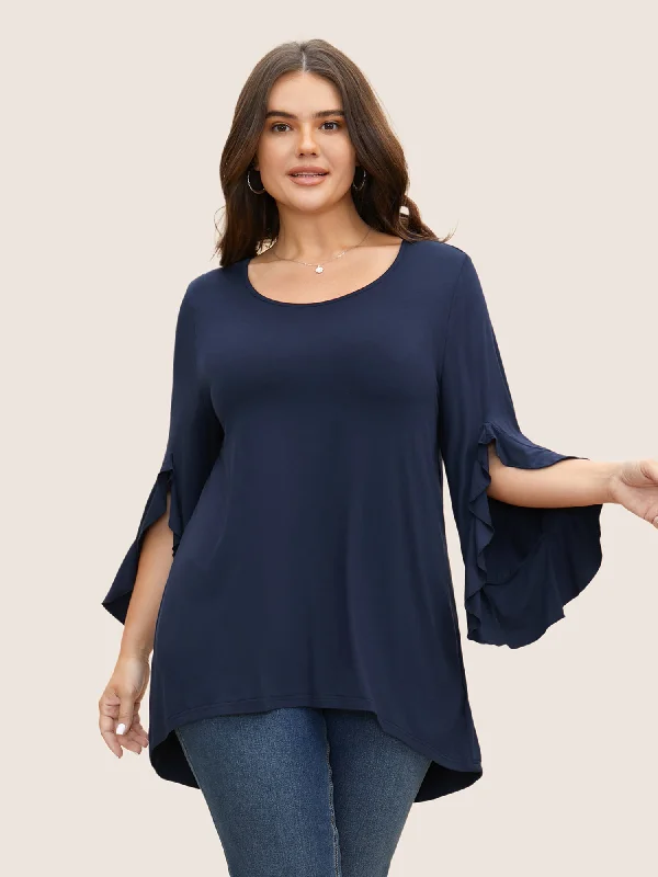 Solid Ruffle Sleeve High Low Hem T-shirt