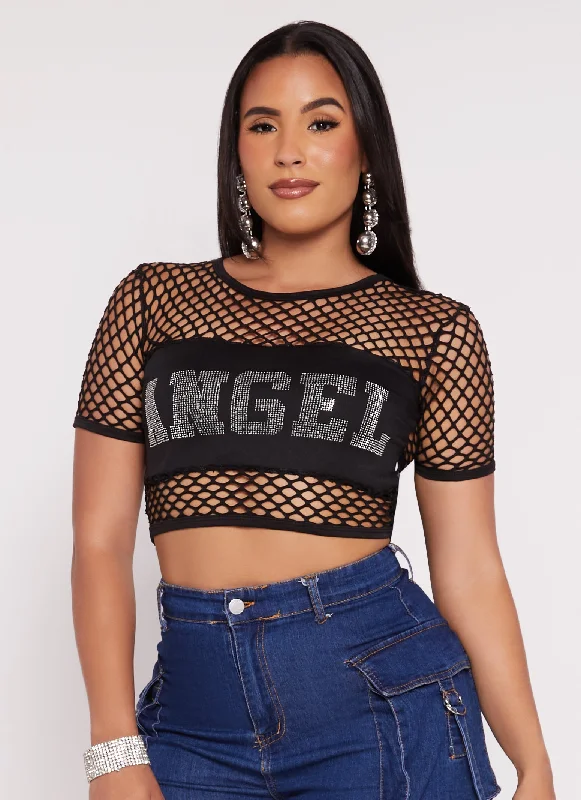 Angel Rhinestone Fishnet Crop Top