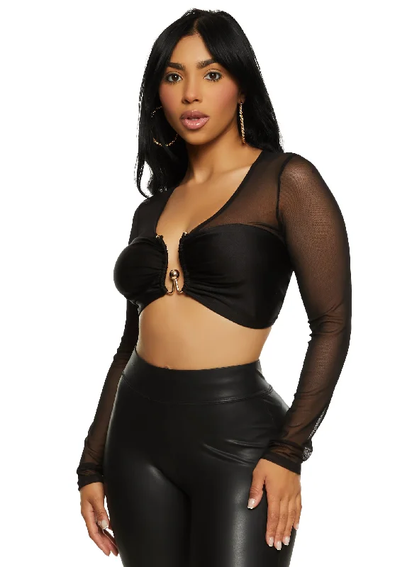 Mesh Metallic Plunge Detail Crop Top