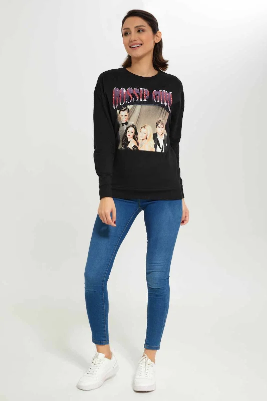 Women Black Gossip Girl Printed Sweatshirt