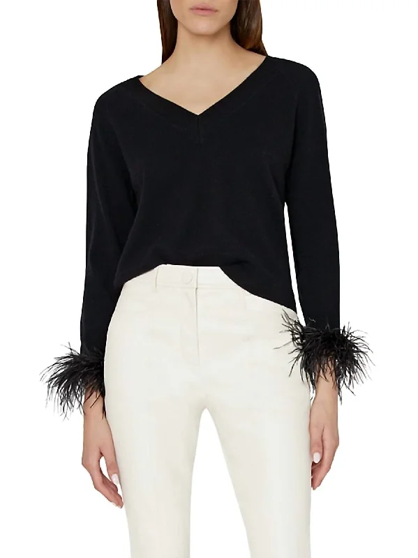 Feather Cuff V Neck Sweater In Black