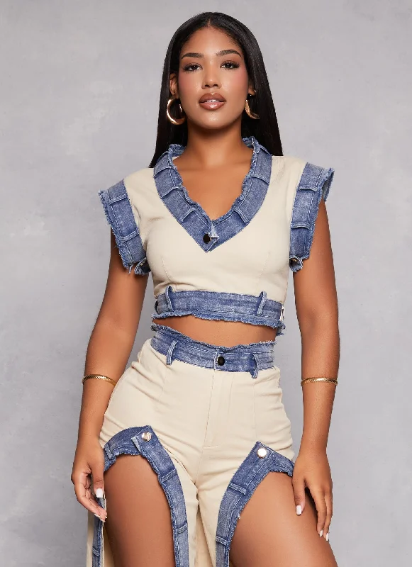 Denim Waistband Trim Crop Top