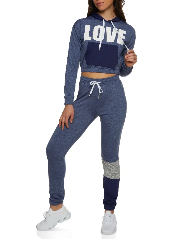 Love Color Blocked Kangaroo Pocket Cropped Hoodie