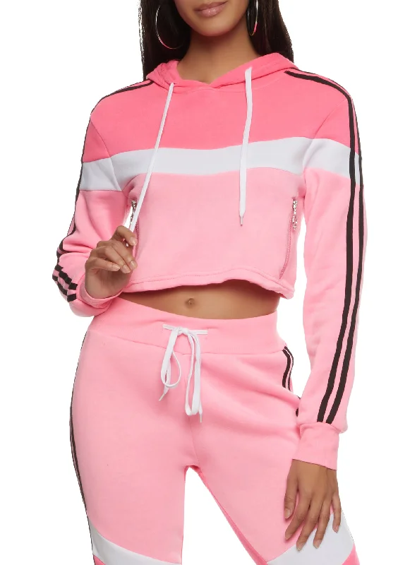 Color Block Varsity Stripe Cropped Hoodie