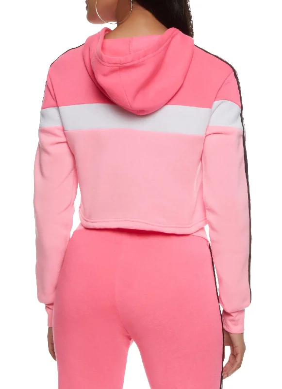 Color Block Varsity Stripe Cropped Hoodie