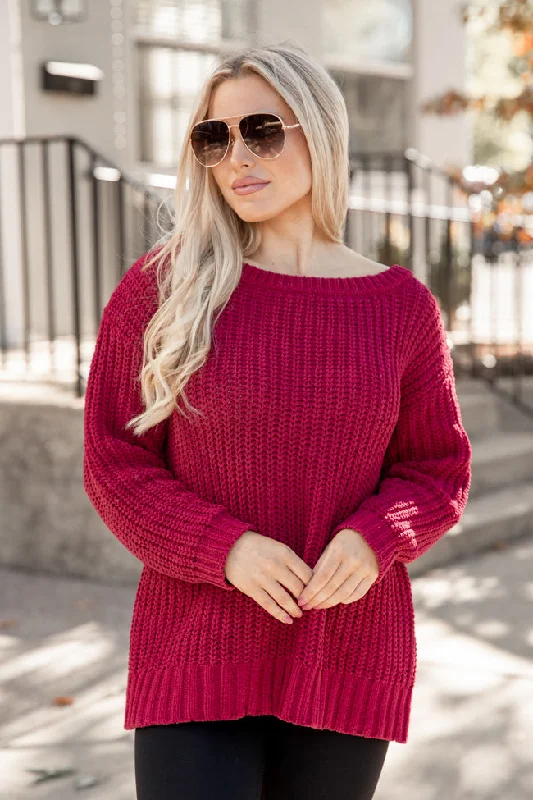 Whispering Winds Burgundy Chenille Oversized Boat Neck Sweater