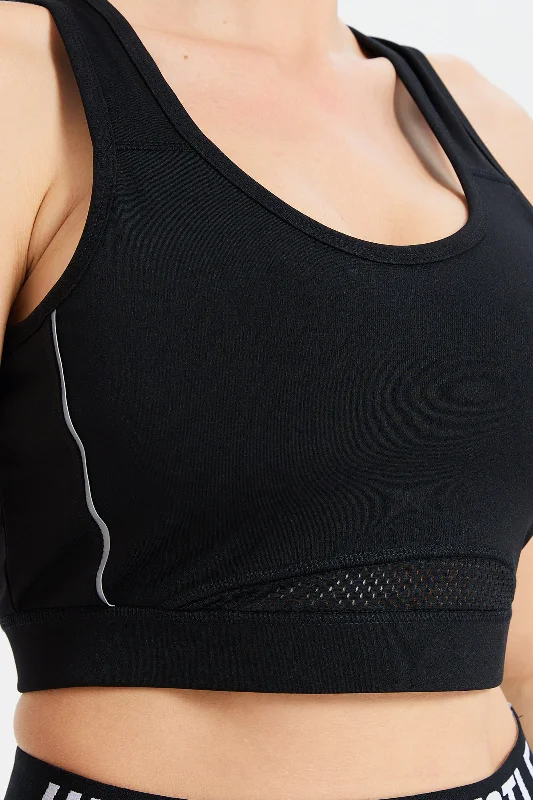 Women Black Sports Bra With Reflector