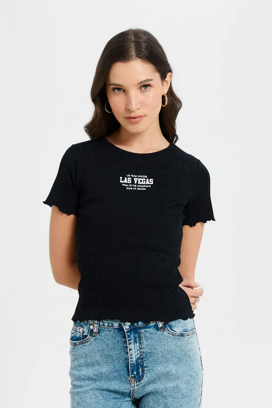 Women Black Ribbed T-Shirt