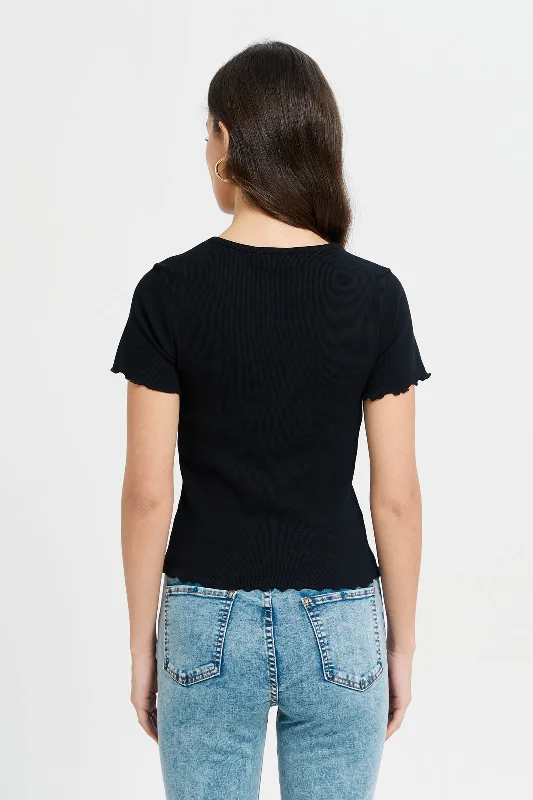 Women Black Ribbed T-Shirt