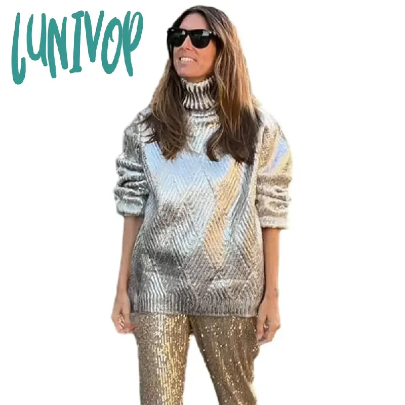 Lunivop Fashion Silver High Collar Women's Jersey Sweater Casual Loose Cuff Sleeved Pullover Tops  Autumn Female Elegant Streetwear